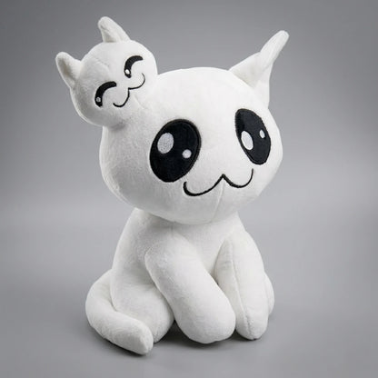 Stacy Mewgenics white cat plush toy angled view showing face, ears, and small companion on head