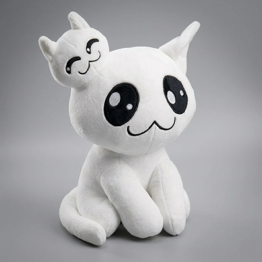 Stacy Mewgenics white cat plush toy angled view showing face, ears, and small companion on head