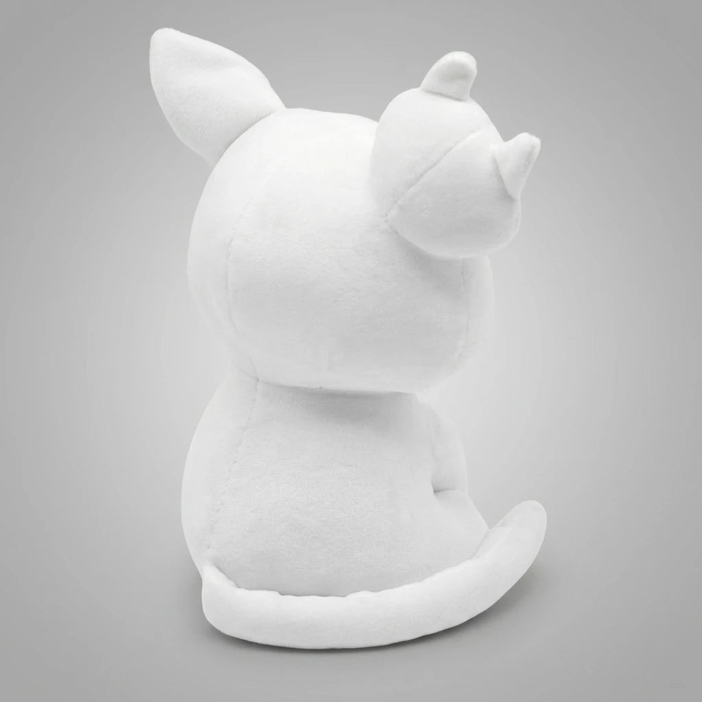 Stacy Mewgenics white cat plush toy back view showing rounded body, tail, and smooth fabric