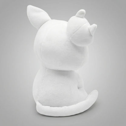 Stacy Mewgenics white cat plush toy back view showing rounded body, tail, and smooth fabric