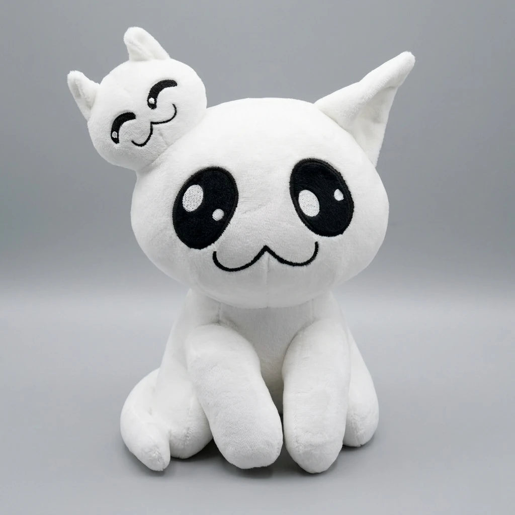 Stacy Mewgenics white cat plush toy front view with large eyes and small character on head