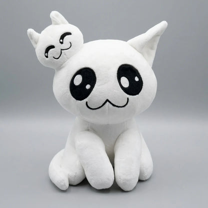 Stacy Mewgenics white cat plush toy front view with large eyes and small character on head