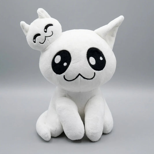 Stacy Mewgenics white cat plush toy front view with large eyes and small character on head