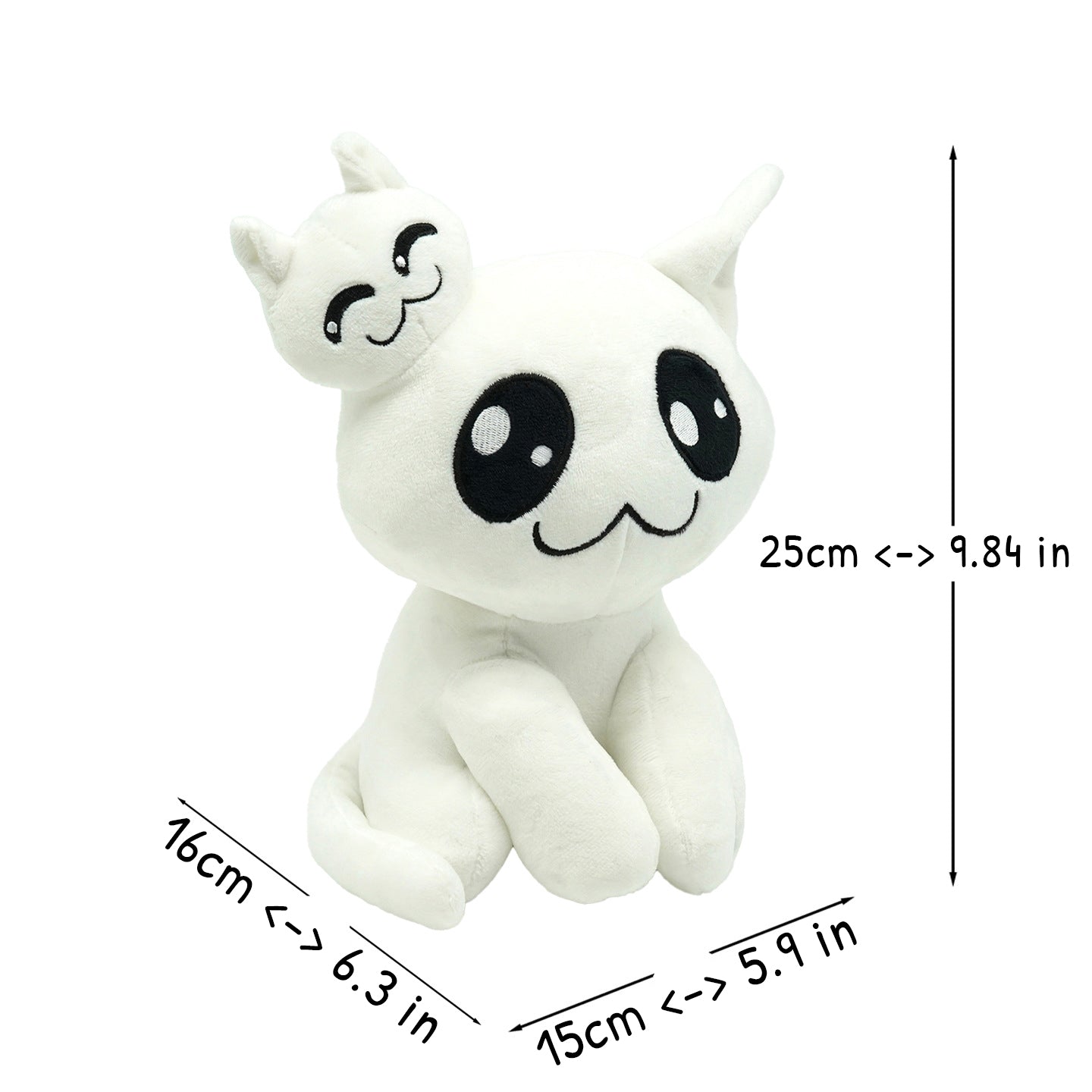 Stacy Mewgenics white cat plush toy with size dimensions showing height, width, and depth