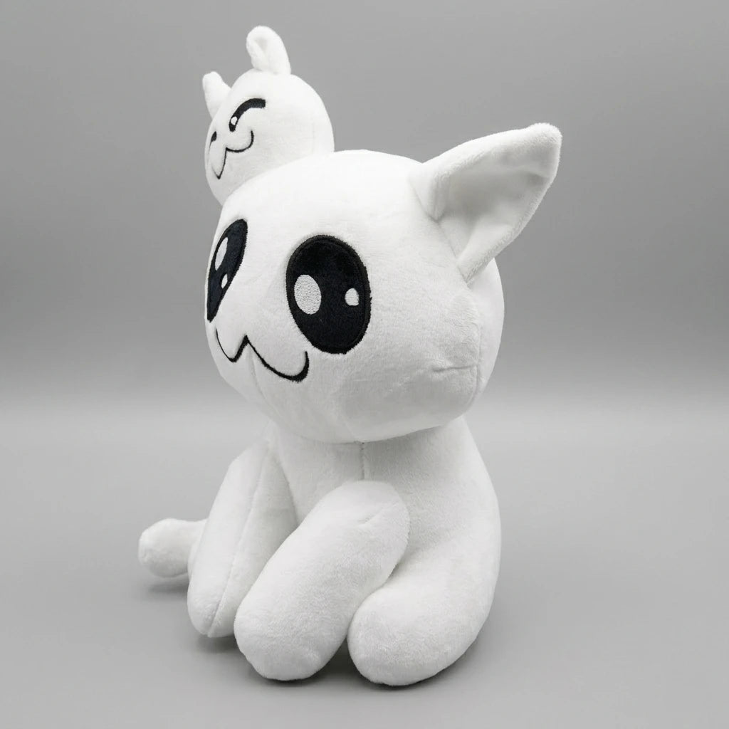 Stacy Mewgenics white cat plush toy three quarter view highlighting face and small character detail