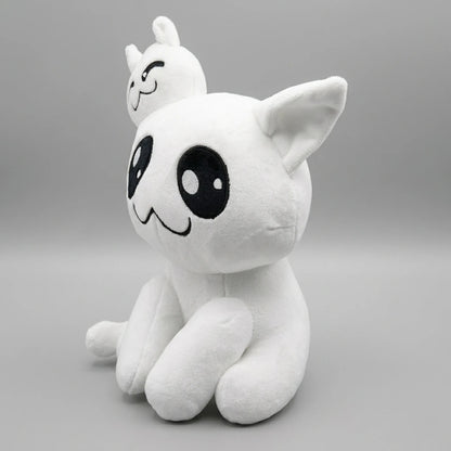 Stacy Mewgenics white cat plush toy three quarter view highlighting face and small character detail