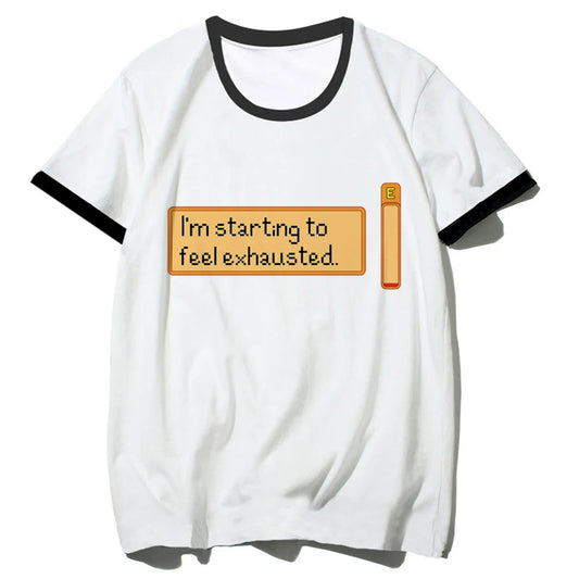 Stardew Valley t-shirt with "I'm starting to feel exhausted" design and energy bar icon.